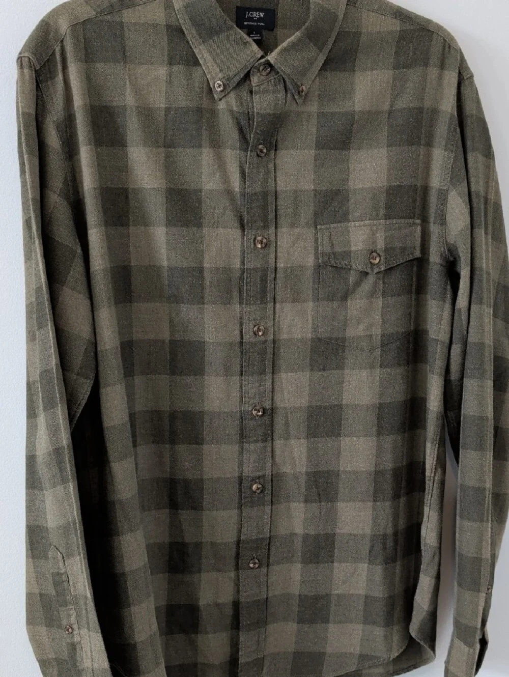 J. Crew Olive and Dark Green Plaid Lightweight Flannel Button-Down Shirt L